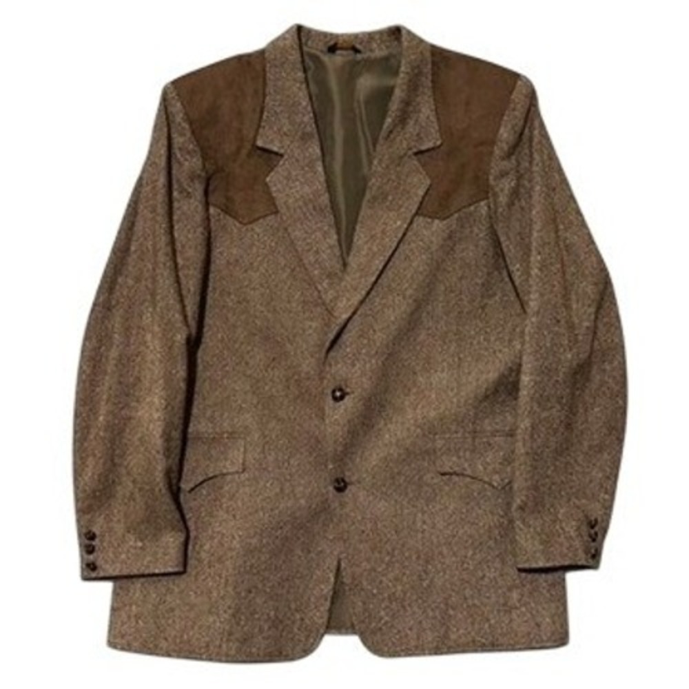 Pioneer Wear Mens Western Blazer Tan Tweed Wool Blend Suede Yoke Made in USA 48